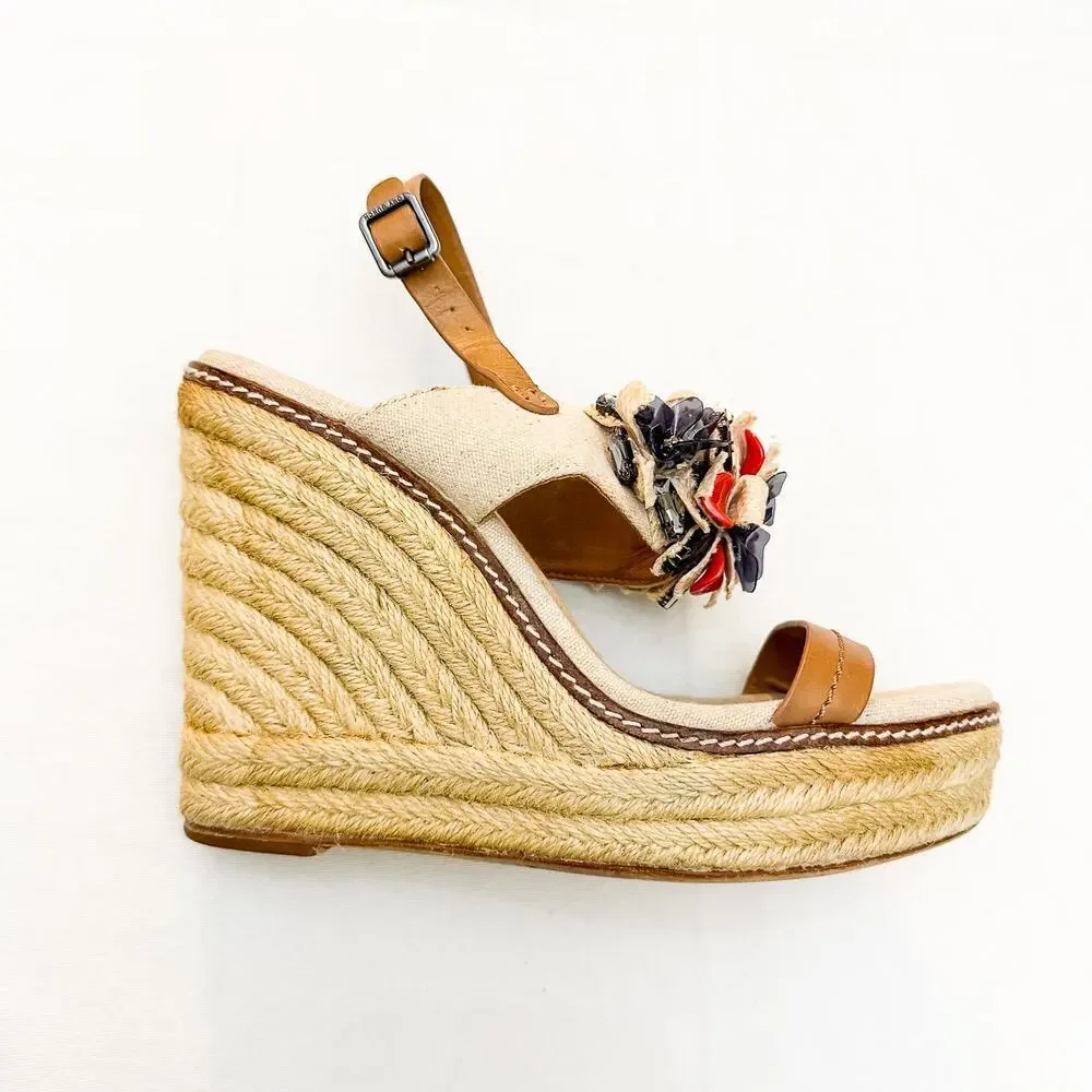 Tory Burch Mallory Lin Natural Espadrille Wedge Sandals Floral Applique Size 8.5